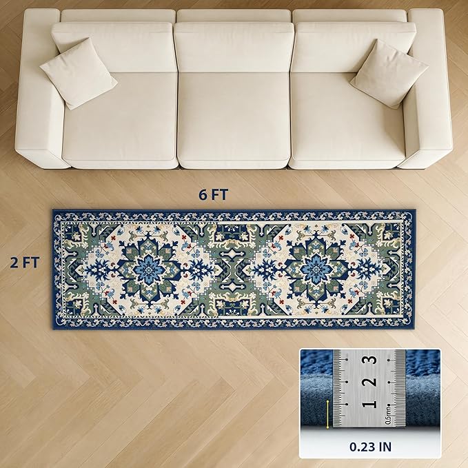 AREDO Runner Rug with Non Slip Rubber Backing, Washable Soft Floor Carpet for Kitchen, Hallway, Entryway Indoor, Bedroom, Laundry, Low Pile Area Rugs, Geometric Floral, Blue Pattern, 2' * 6'