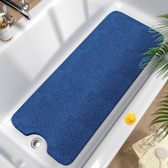 HITSLAM Non Slip Bathtub Mat 40 x 16 Inch, Extra Long Bath Mat for Tub, Soft PVC Loofah Shower Floor Mat with Drain, Quick Drying Bathroom Tub Mat for Wet Area, Without Suction Cup, Blue