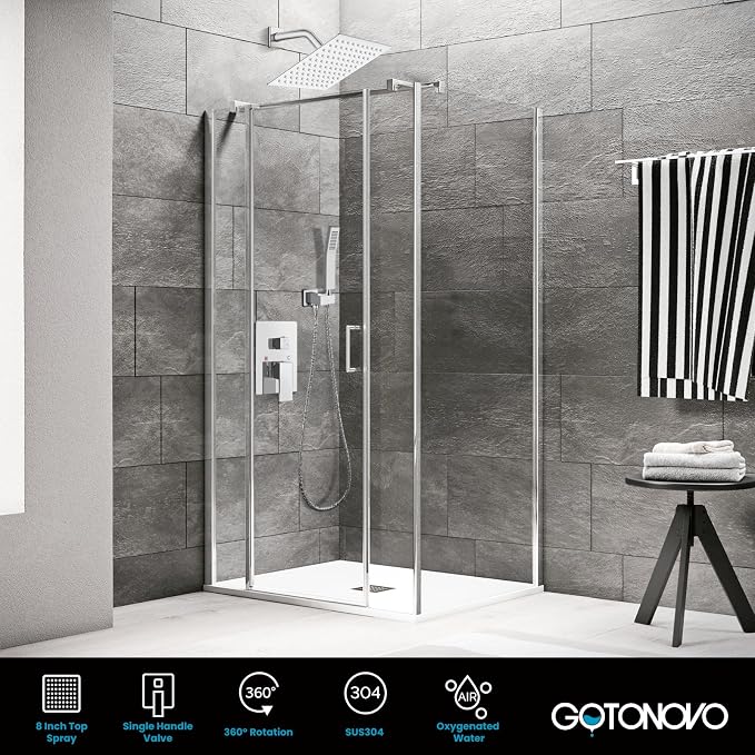 gotonovo Rainfall Bathroom Shower System Rain Shower Head and Handle Set Wall Mounted Shower Complete Combo Solid Brass Pressure Balancing Shower Mixer Valve 8 Inch Polished Chrome
