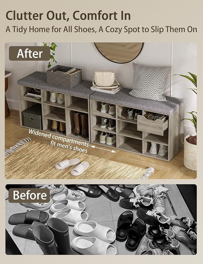 DINZI LVJ Shoe Bench, 9 Cubbies Shoe Organizer for Entryway, Storage Bench with Cushion, Cubby Shoe Rack with Adjustable Shelves for Living Room, Bedroom, Mudroom, Hallway, Gray Wash