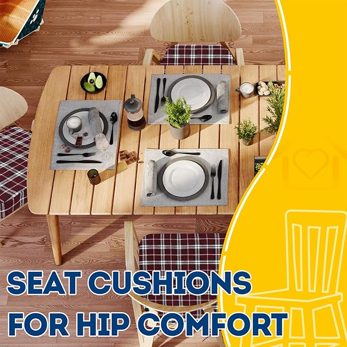 AAAAAcessories D-Shaped Chair Cushions, 2" Thick Dining Chair Pads with Ties and Removable, Machine-Washable Cover, 17" x 16", Set of 4, Red Checkered