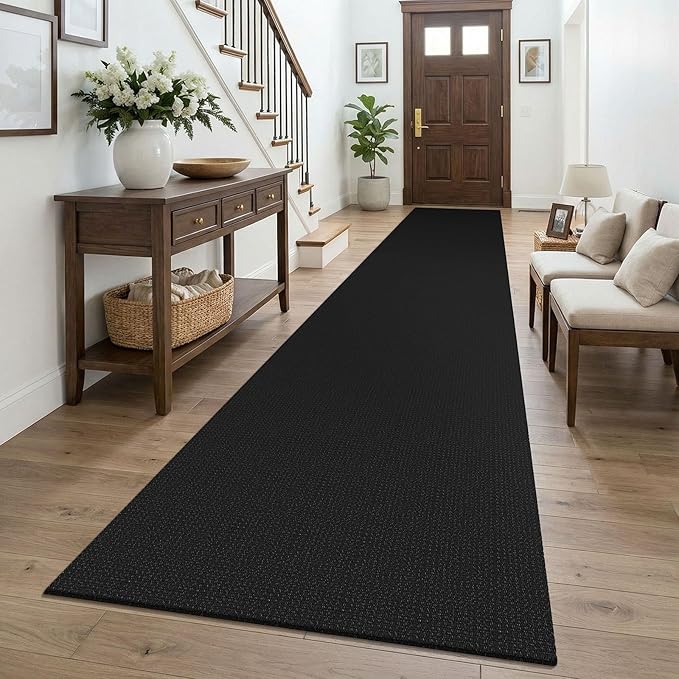 KOZYFLY Black 2.5'x16' Runners Rugs for Hallway, Extra Long Washable Runner Rug, Woven Non Slip Kitchen Runner, Cotton Entryway Rug, Floor Carpet for Entry, Aisle, Hall, Black/Dark Grey