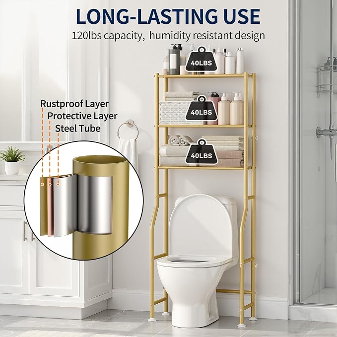 GloTika 3-Tier Over Toilet Storage Rack, Metal Over Toilet Bathroom Organizer Shelf, Freestanding Space Saver Storage Shelves for Bathroom/Laundry/Living Room (Gold)