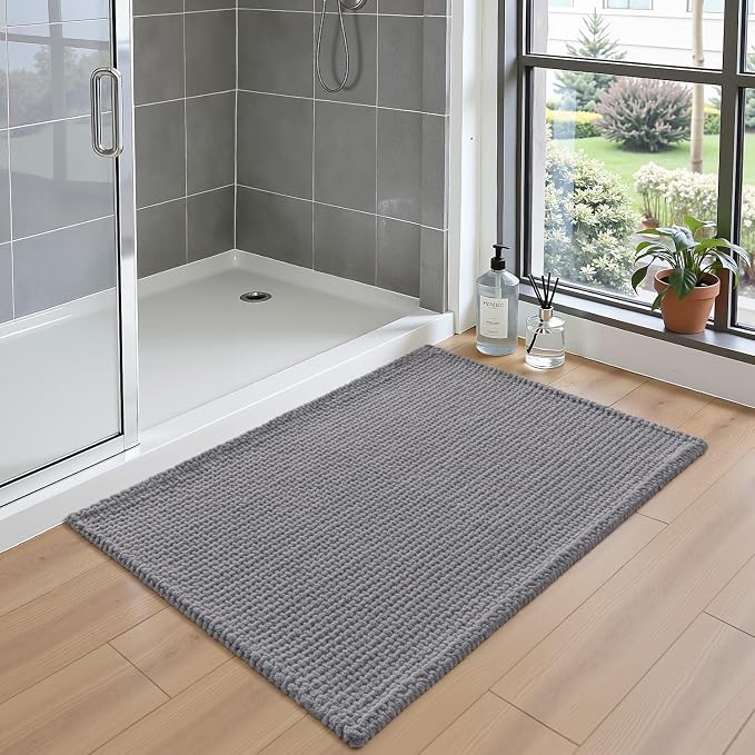 DEXI Bathroom Rugs 24x16, Non Slip Washable Bath Mat, Absorbent Chenille Bathmat, Ultra Soft Thick Carpet for Tub Shower Floor, Grey