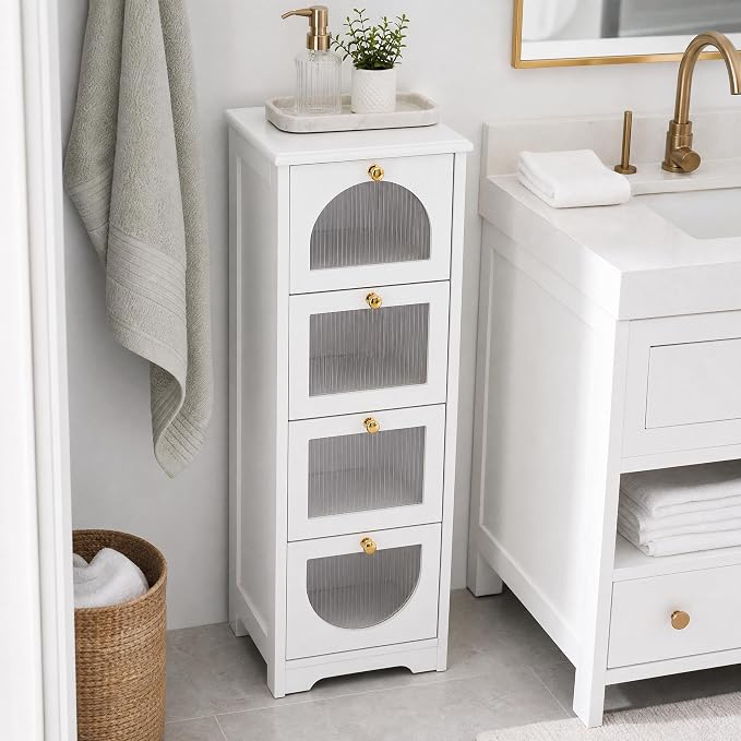 Garvee Bathroom Floor Storage Cabinet, Freestanding Storage Organizer with 4 Drawers for Narrow Spaces, Small White Side Cabinet for Living Room Hallway, 11.8" W x 11.8" D x 33.1" H