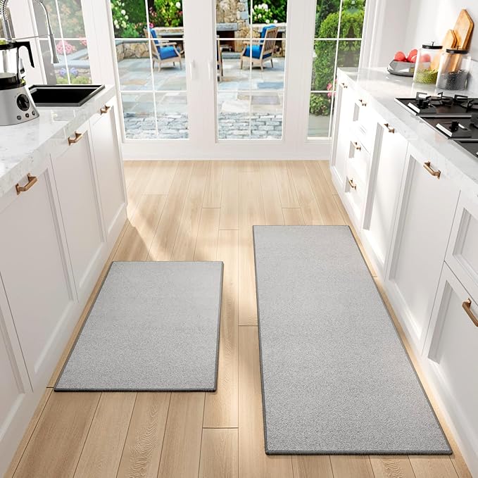 SUMLANS Kitchen Mat Set of 2 PCS, Cushioned Non Slip Rugs for Kitchen Floor, Absorbent Runner Comfort Standing Mats Washable for Kitchen, Office, Home (Grey-Velvet, 17.3"x47"+17.3"x30")