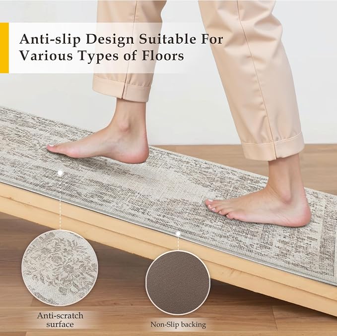 PureCozy Kitchen Mats 2PCS Anti Fatigue Cushioned Mat Beige Vintage Kitchen Mats for Floor Waterproof Non Slip Comfort Standing Medallion Floral Rug for Sink Laundry Office 17.3"x59"+17.3"x30"