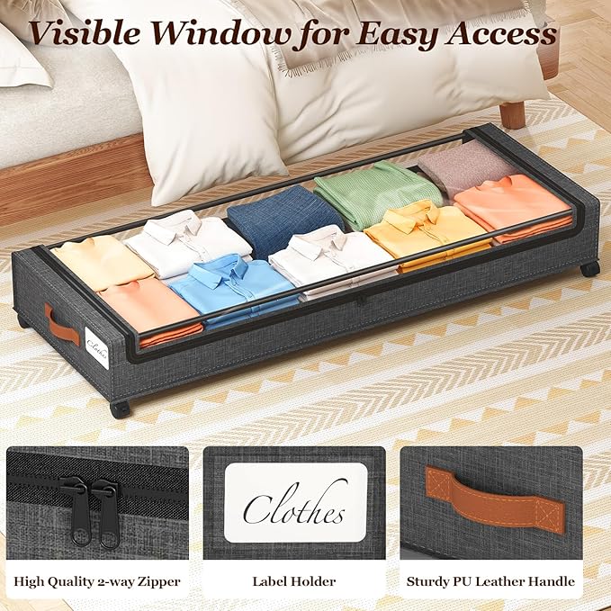 Yecaye 85 L Under Bed Storage with Wheels, 2 Pack Extra Large Under Bed Storage Containers with Metal Frame & Clear Lid, Rolling Underbed Organizer Bins Drawers for Clothes, Shoes, Blankets, Hemp Grey