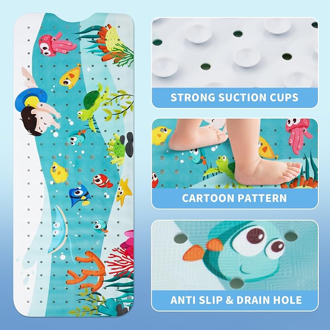 Baby Bath Mat for Tub Non Slip Kids Bathtub Mat Extra Long 40X16 Inch Toddler Bath Tub Shower Mat Anti Slip with Suction Cups & Drain Holes, Machine Washable,Seaworld