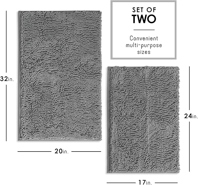 Hearth & Harbor Bathroom Rugs, Chenille Bath Mat - Machine Washable Bath Mats for Bathroom Non-Slip Backing Rubber, Quick Dry Bathroom Mat, 17 x 24 + 20 x 32 - Frost Grey
