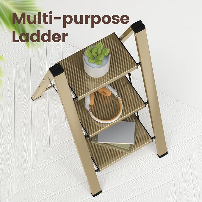 HBTower Step Ladder,Lightweight Aluminum Folding Step Stool with Anti-Slip Wide Pedal,330lbs Capacity Step Ladder for Household,Kitchen,Office - Gold