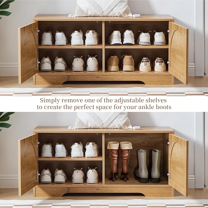 BERRYMERRY 39.4" Fluted Shoe Storage Bench for Entryway,2 Tier Shoe Cabinet Bench with Adjustable Shelf,Bench for Bedroom End of Bed (Natural, 13.8”D x 39.4”W x 18.5”H)