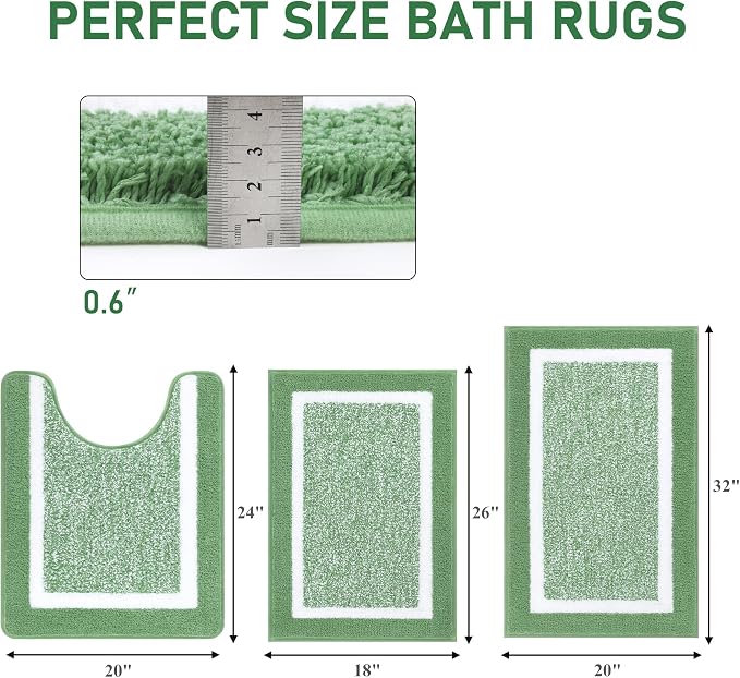 Pauwer Bathroom Rugs Sets 3 Piece Bathroom Shower Rugs with U-Shaped Contour Toilet Mat Absorbent Microfiber Plush Bath Mats Non Slip Bath Rugs Machine Washable Shaggy Floor Mats, Green