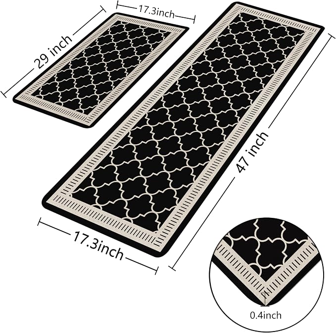 Black Vintage Moroccan Grid Elegance Kitchen Rug Sets [2 PCs], Anti-Fatigue, Waterproof Non-Slip Kitchen Mats Heavy Duty Comfort Foam Rug for Kitchen, Floor, Laundry,17"x29"+17"x47"