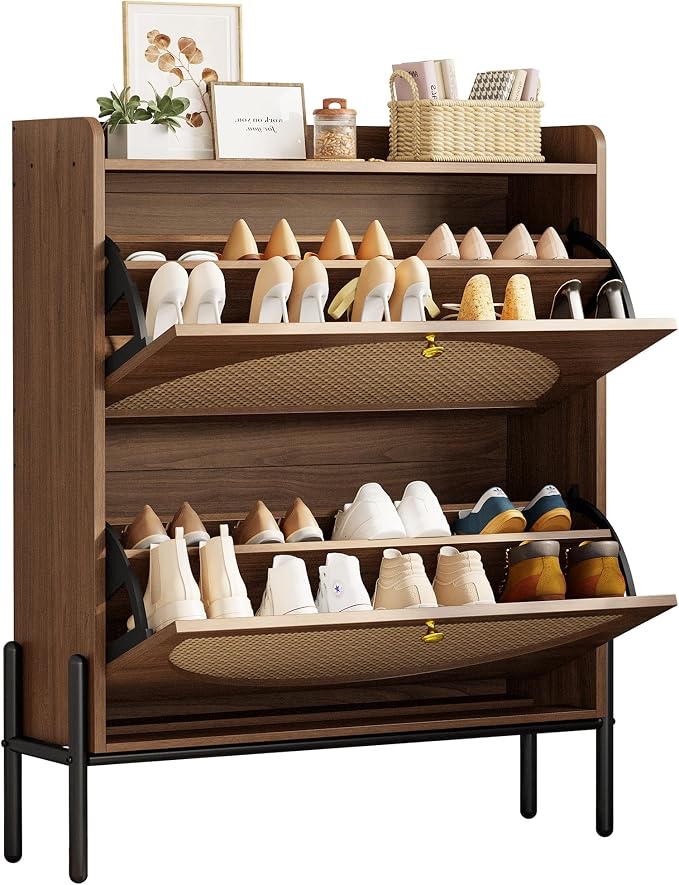 IRONCK Shoe Cabinet Storage with 2 Flip Drawers, Free Standing Wooden Shoe Storage Organizer Cabinet with Rattan Doors for Entryway, Narrow Shoe Rack Cabinet, Walnut