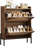 IRONCK Shoe Cabinet Storage with 2 Flip Drawers, Free Standing Wooden Shoe Storage Organizer Cabinet with Rattan Doors for Entryway, Narrow Shoe Rack Cabinet, Walnut