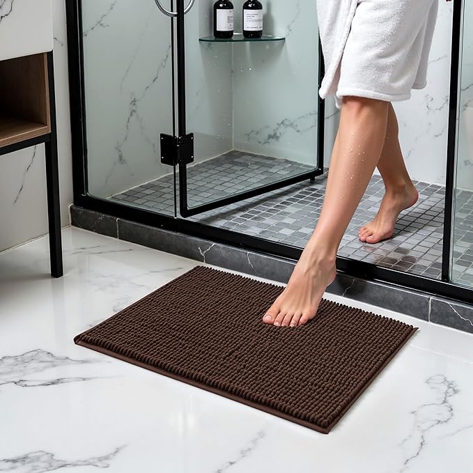 SUBRTEX Bathroom Rugs Chenille Bath Rug Soft Short Plush Bath Mat Soft Shower Mat Water Absorbent Shower Mat Quick Dry Machine Washable(Chocolate,18" x 24")