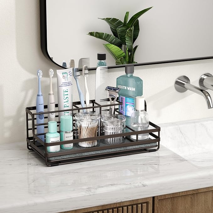 HapiRm Toothbrush Holders for Bathroom - 5 Partitions Bathroom Counter Organizer with Instant Drying Stone, Stainless Steel Countertop Storage Electric Toothbrush Toothpaste Holder - Bronze