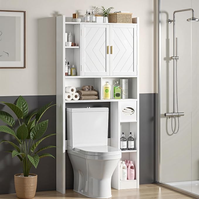 VECELO Over The Toilet Storage Cabinet, Storage Cabinet Over Toilet with Adjustable Shelves & Toilet Paper Holder Stand, Home Space-Saving Toilet Storage, for Bathroom, Restroom, Laundry, White