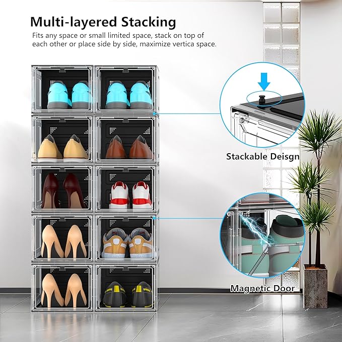 XX-Large Clear Shoe Storage Boxes with Magnetic Door, Thickened Stackable Shoe Organizer 10 Pack, Sneaker Display Case for Closet Organization Storage, Dust-Proof Space Saving System, Black Clear