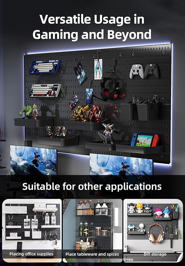 Wall Organizer Peg Board - Elevate And Declutter Your Gaming And Office - Create A Perfectly Structured Space(Black)