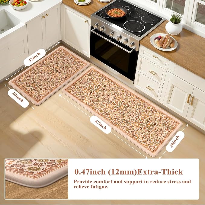 Collive Anti Fatigue Mats for Kitchen Floor, Orange Fall Floral Kitchens Rugs 2 Piece Cushioned Non Slip Carpet, Comfort Standing Mat Waterproof Sink Carpets for or Bedroom, Laundry, Home Decor