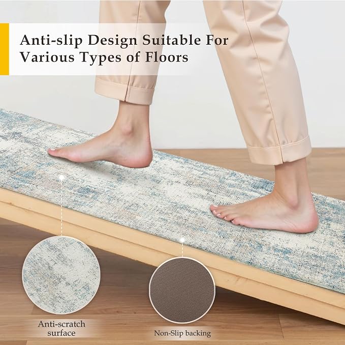 Kitchen Mats for Floor Set of 2 Anti Fatigue Waterproof Kitchen Rug Blue Cream Abstract Cushioned Non-Slip Kitchen Mats Comfort Standing Neutral Mat for Sink Laundry Office 17.3"×47"+17.3"×30"