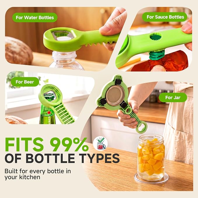 2026 Upgraded 4-in-1 Jar Opener - Adjustable Stainless Steel Lid Remover for Seniors & Arthritis Sufferers, Fits Kitchen Jars, Bottles & Cans Green(2Pcs)