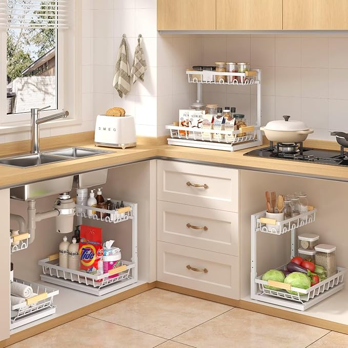 Sevenblue 2 Packs Under Sink Organizer, Height Adjustable 2 Tier Under Kitchen Sink Organizer, Multi-Purpose Storage Shelf for Kitchen Bathroom Cabinet (White, Extra Large)