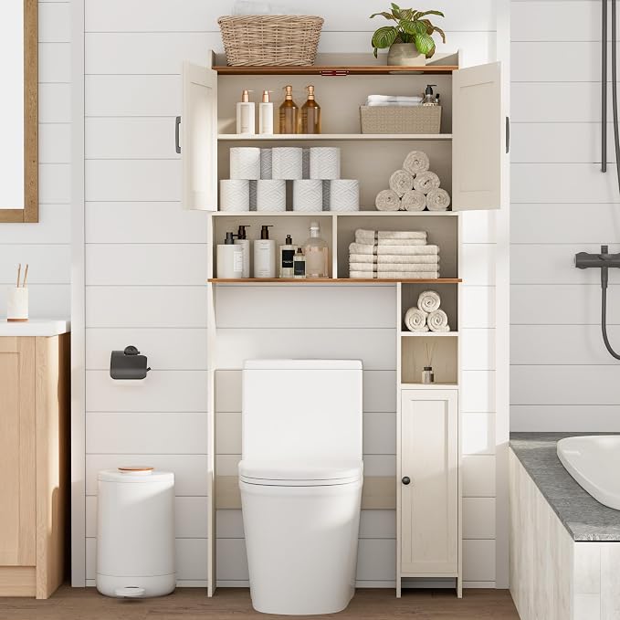 Homhedy Over The Toilet Storage Cabinet with 2 Barn Door and Toilet Paper Holder Stand, FreeStanding Toilet Shelf Space Saver, for Bathroom, Restroom, Laundry, Rustic White and Brown
