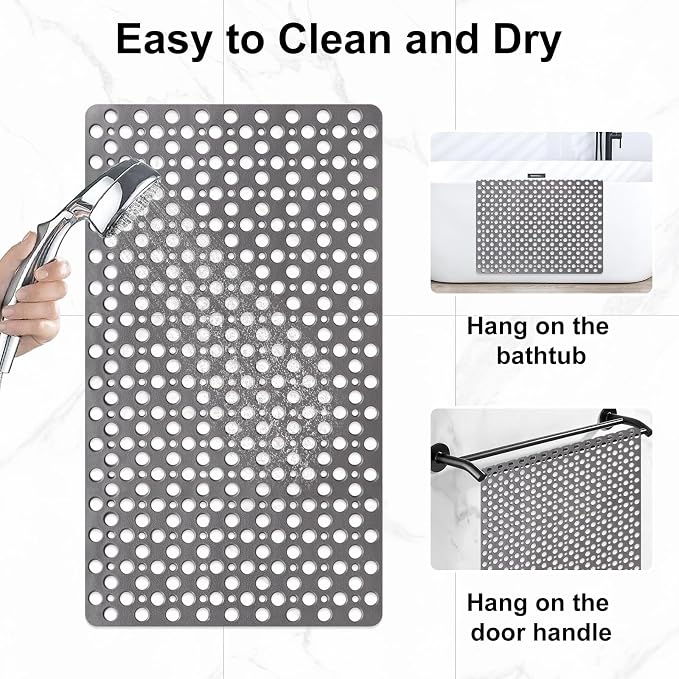 Bathtub Mat Non Slip: 30x17 inch Soft TPE Shower Mat with Suction Cups and Drain Holes, Efficient Drainage Anti Slip Shower Mats for Inside Shower, Easy to Dry&Cut, Machine Washable
