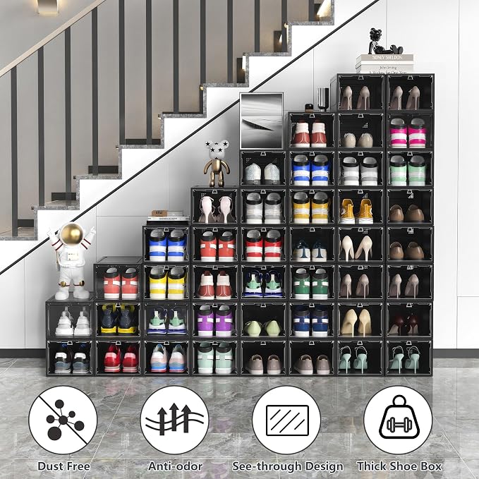XX-Large Clear Shoe Storage Boxes with Magnetic Door, Thickened Stackable Shoe Organizer 12 Pack, Sneaker Display Case for Closet Organization & Entryway Storage, Dust-Proof Space Saving System, Black