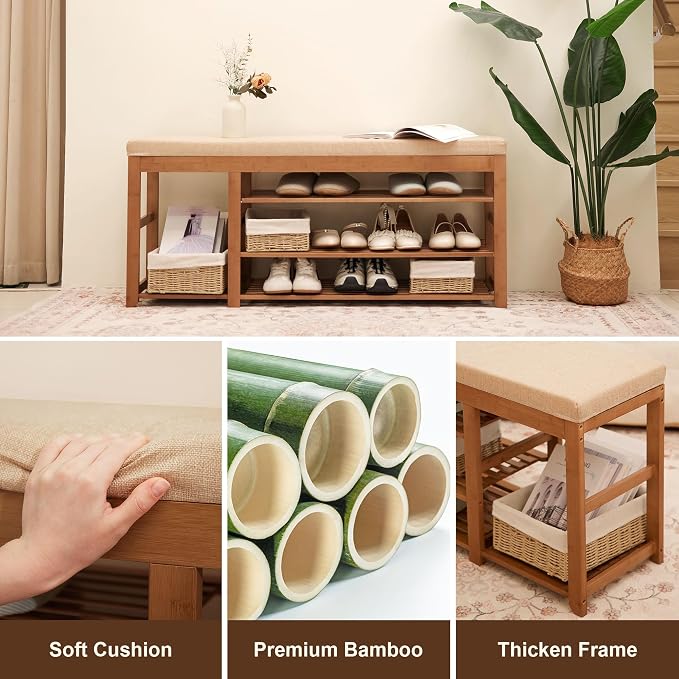 PETKABOO Shoe Rack Bench with Cushion 39.4“, Shoe Rack for Front Door Entrance, Shoe Bench with Storage for Entryway Hallway Bedroom Living Room