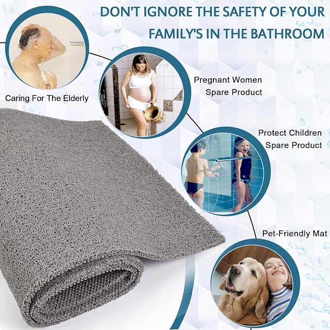 godehone Shower Mats Non Slip Without Suction Cups, PVC Loofah Bathroom Mats, Loofah Mats for Shower and Bathroom, Quick Drying, 17.1× 59 Inch, Grey