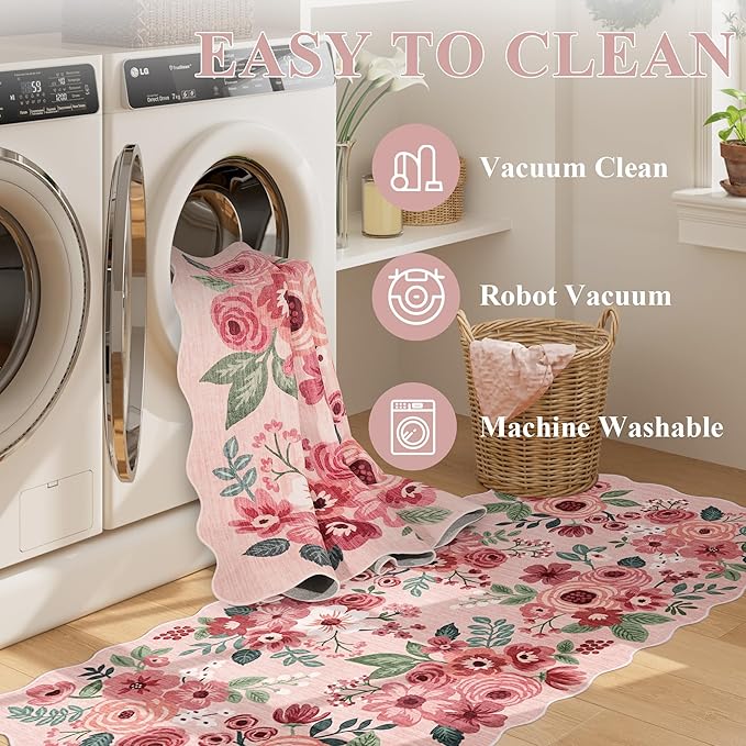 DUKINO 4x6 Area Rug, Floral Non-Slip Indoor Washable Rug with Low Pile & Non-Shedding, Lightwight Boho Design Carpet for Entryway, Bedroom, Kids Room, Living Room, Kitchen, Pink