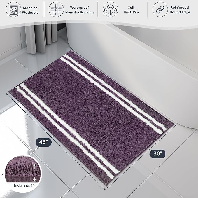 PURRUGS Bathroom Rug Non-Slip Machine Washable 30" x 46", Super Absorbent and Quick Dry Shaggy Microfiber Bath Mat, Extra Soft and Plush Bath Rug for Bathtub, Shower, and Sink, Purple