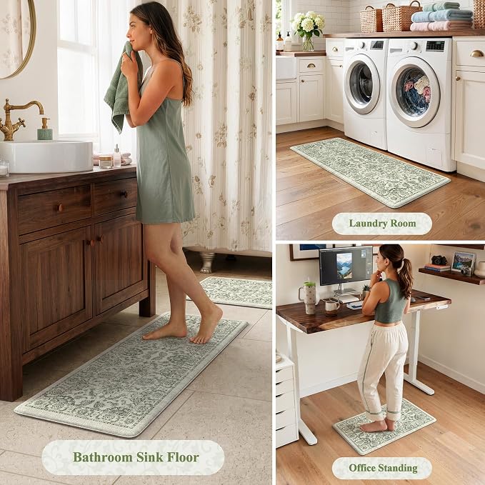 KIMODE Anti Fatigue Kitchen Mat Set, Non Slip Waterproof Kitchen Rug Set of 2, Boho Rugs for Kitchen, Ergonomic Standing Kitchen Sink Mats for Floor, 17"x29.5"+17" x47”, Sage Green