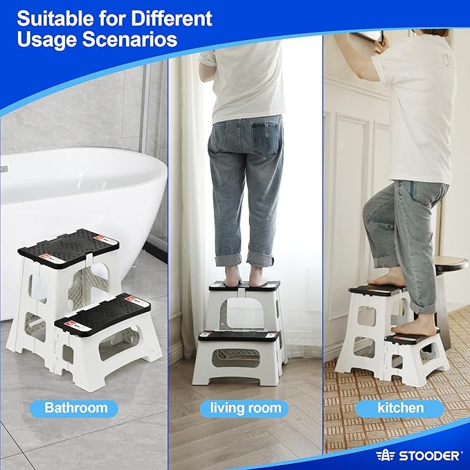 Folding Step Stool, 2-Step 8" 17", Non-Slip, 300lb Capacity | No Assembly, Stable A-Frame, Safety Lock, Anti-Slip Rubber Feet, Collapsible Stool for Kitchen Bathroom Bed RV Offic Garden