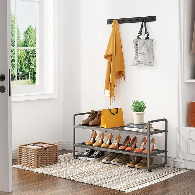 SNTD Shoe Rack - Expandable Shoe Organizer for Closet, Adjustable Metal Shoe Shelf Storage, Stackable Long Shoe Stand Holder for Garage, Entryway, Door Entrance (Grey, 2-Tier)