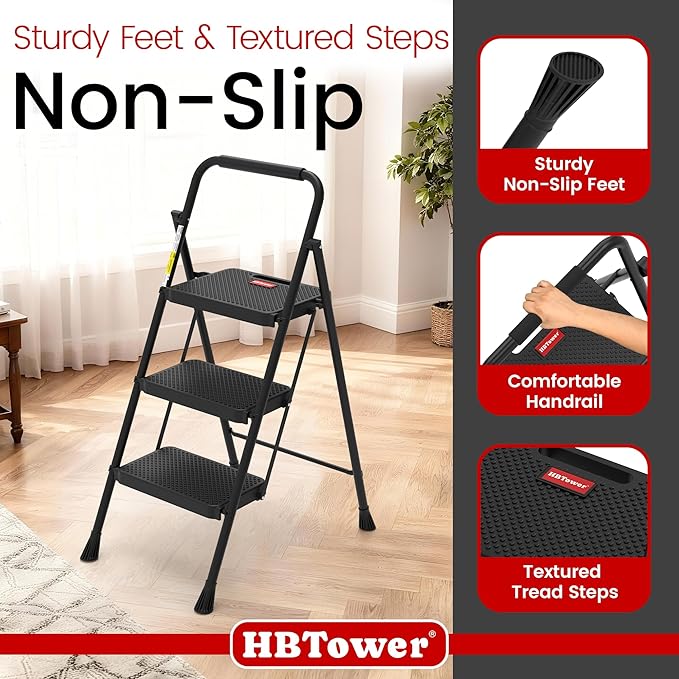 HBTower Step Ladder, Step Stool Foldable for Adults with Wide Anti-Slip Pedal, Lightweight 3 Step Ladders for Home