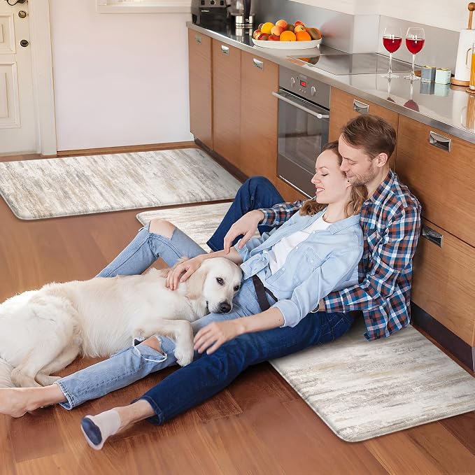 KIMODE Anti Fatigue Kitchen Mats for Floor 2 Piece, Cushioned Abstract Kitchen Rugs,Memory Foam Kitchen Floor Mats, Standing Desk Mats for Laundry, Office, Sink Light Brown Multi 17"x47"+17"x29"