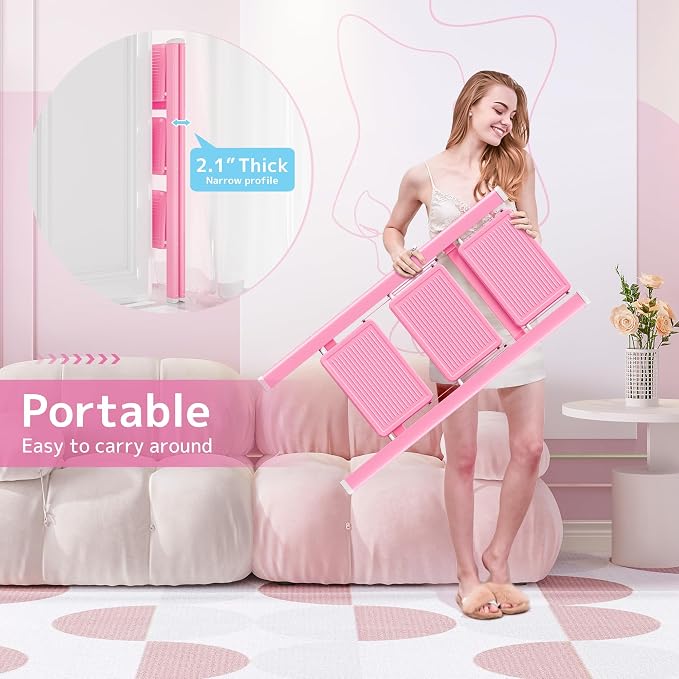Pink Step Ladder 3 Step Folding, Small Step Stool for Women to Reach Higher Places, Widen 7.9Inch Pedal for Comfortable Use, Anti-Slip Foot for Safe Use, Sturdy and Fold Thin, 330Lbs Load