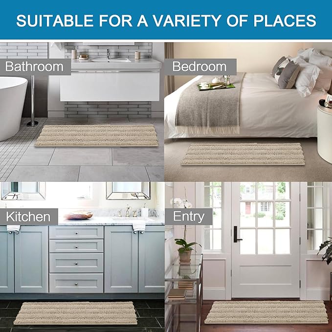 H.VERSAILTEX Bathroom Rug Sets 2 Piece Bath Mats Non Slip Thick Soft Chenille Striped Bath Rug achine Washable Shower Floor Rugs for Tub, Shower and Floor (Fog, 47" x 17"/17" x 24")