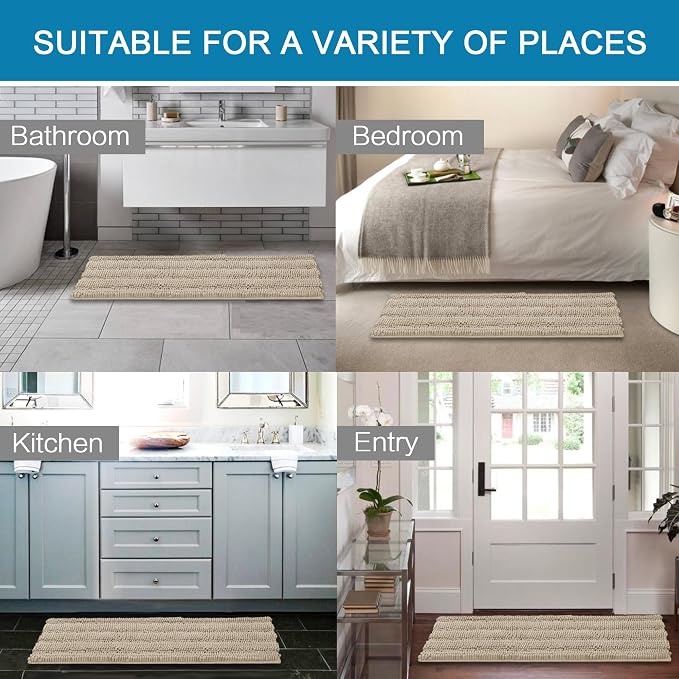 H.VERSAILTEX Bath Rugs for Bathroom Non Slip Bath Mats Thick Chenille Striped Bath Rug Runners 47" x 17" Absorbent Fluffy Soft Shaggy Mats Dry Fast Plush Area Carpet for Bath Room - Fog