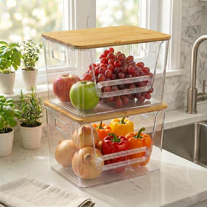 2 Pack Pantry Organizer and Storage with Bamboo Lid, Stackable Trash Bag Dispenser Under Sink Organizer for 4-33 Gal Bags, Pantry Organizers Storage for Onion, Potato, Fruit, Vegetable, Snack