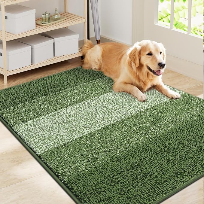 Smiry Dog Door Mat for Muddy Paws, Absorbs Moisture and Dirt, Low-Profile Entryway Mat with Non-Slip Backing, Entry Indoor Outdoor Doormat for Inside Floor (40x32 Inches, Green, Striped)