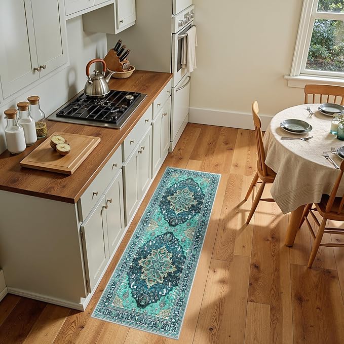 RELEANY Area Rugs Runner 2'x5' Washable Non-Slip, Floral Vintage Distress Medallion Carpet for Kitchen Hallway Bedroom Beside Laundry Room Bathroom, Teal Green Lake Blue Turquoise