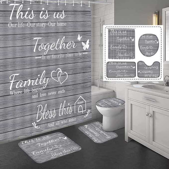 4Pcs Family Shower Curtain Sets with Non-Slip Rugs, Toilet Lid Cover and Bath Mat, Grey Home Bathroom Decor Set Accessories Waterproof Shower Curtains with 12 Hooks, 72 x 72 Inch