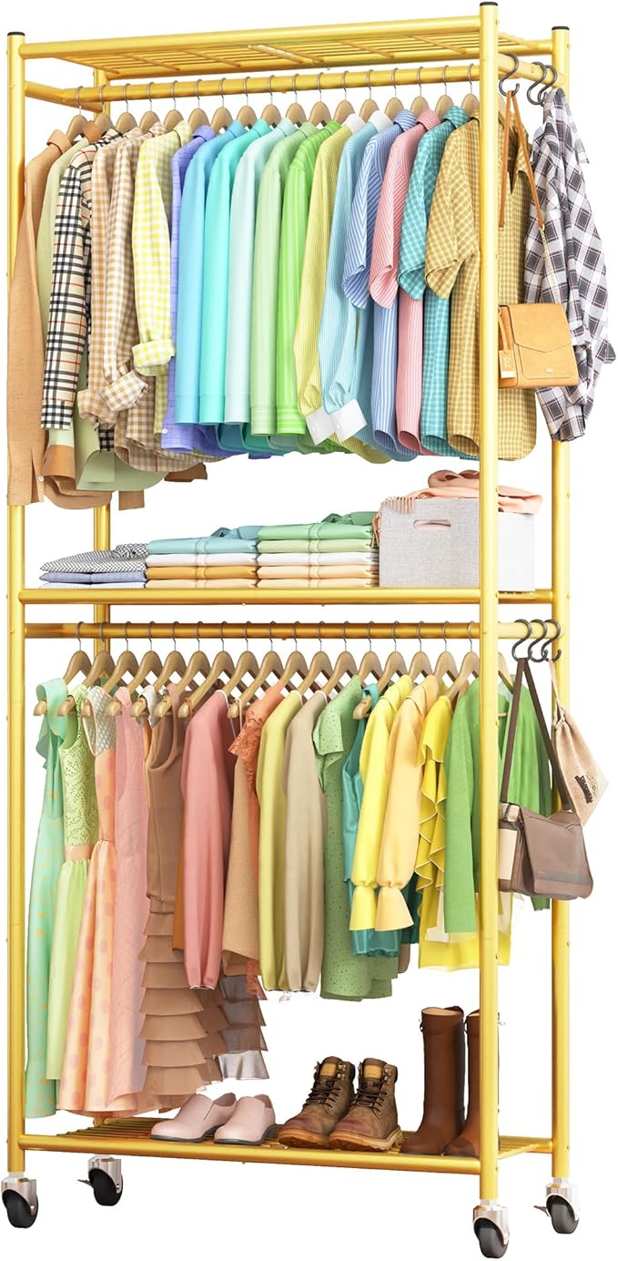 Sakugi Clothes Rack - 33.0" x 12.2" x 79.5" Clothing Rack with Shelves & Wheels, Multi-Functional Wardrobe Closet with Hooks, Sturdy Metal Garment Rack for Bedroom, Laundry, Balcony (Gold)
