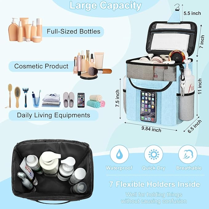 Attmu Shower Caddy Portable for Dorm Room Essentials, Hanging Shower Bag for College, Large Capacity Mesh Shower Caddy for Bath Essentials (Dusty Blue)
